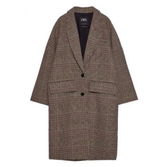 Zara Jackets & Blazers - Zara Checkered Brown drop shoulder Oversized Overcoat Jacket S